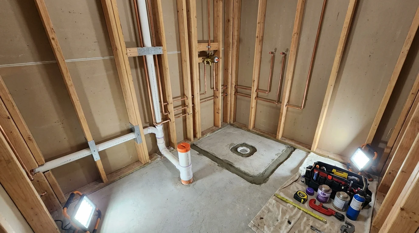 Bathroom rough-in plumbing during remodel by Johns Plumbing LLC in Rochelle Park