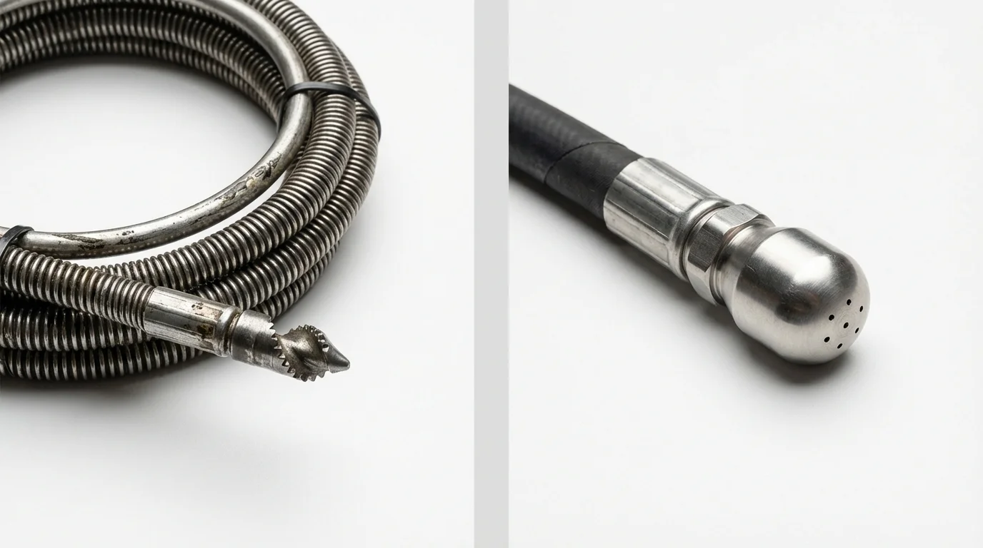 Drain snake cable and hydro jetting nozzle used for drain cleaning in Rochelle Park, NJ