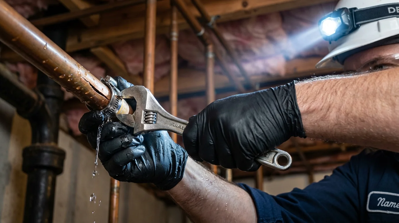 Emergency pipe clamp repair being performed by a Johns Plumbing LLC plumber in Rochelle Park