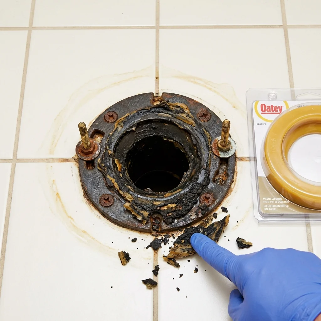 Failed wax ring showing water seepage at the base of a toilet in a Rochelle Park, NJ home