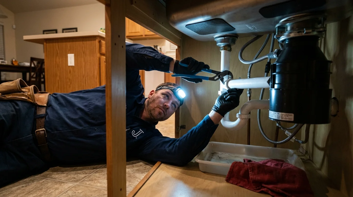 P-trap and supply line connections under a kitchen sink showing a common leak point in Rochelle Park, NJ